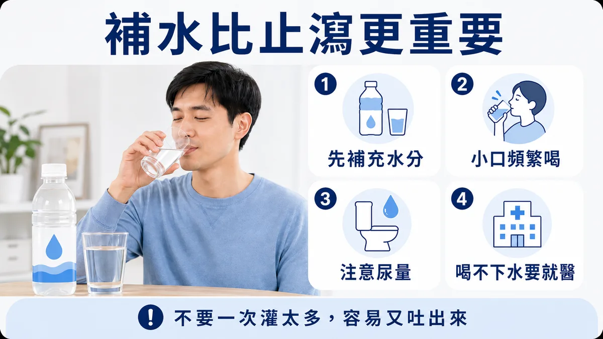 急性腸胃炎補水重點示意圖：首選口服電解質補水液 ORS、小口頻繁喝，白開水與運動飲料不是最佳選擇，注意脫水警訊