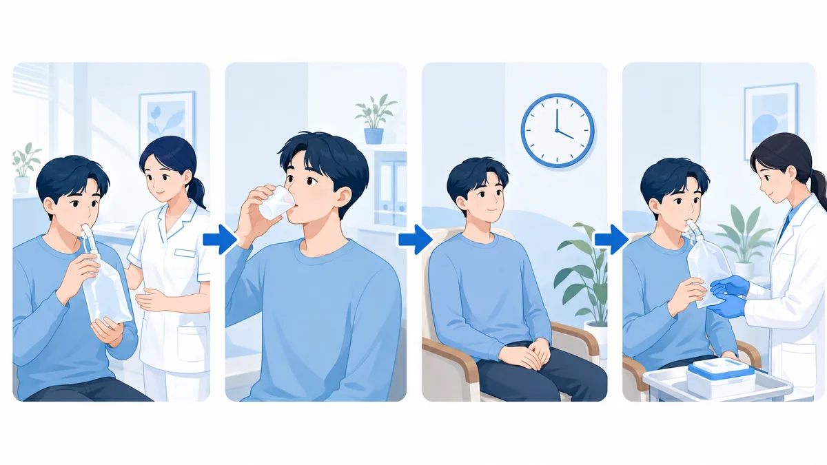碳13尿素呼氣試驗檢查流程示意圖：先吹第一次氣、喝下試劑、等待一段時間讓藥劑作用、再吹第二次氣交給醫護人員