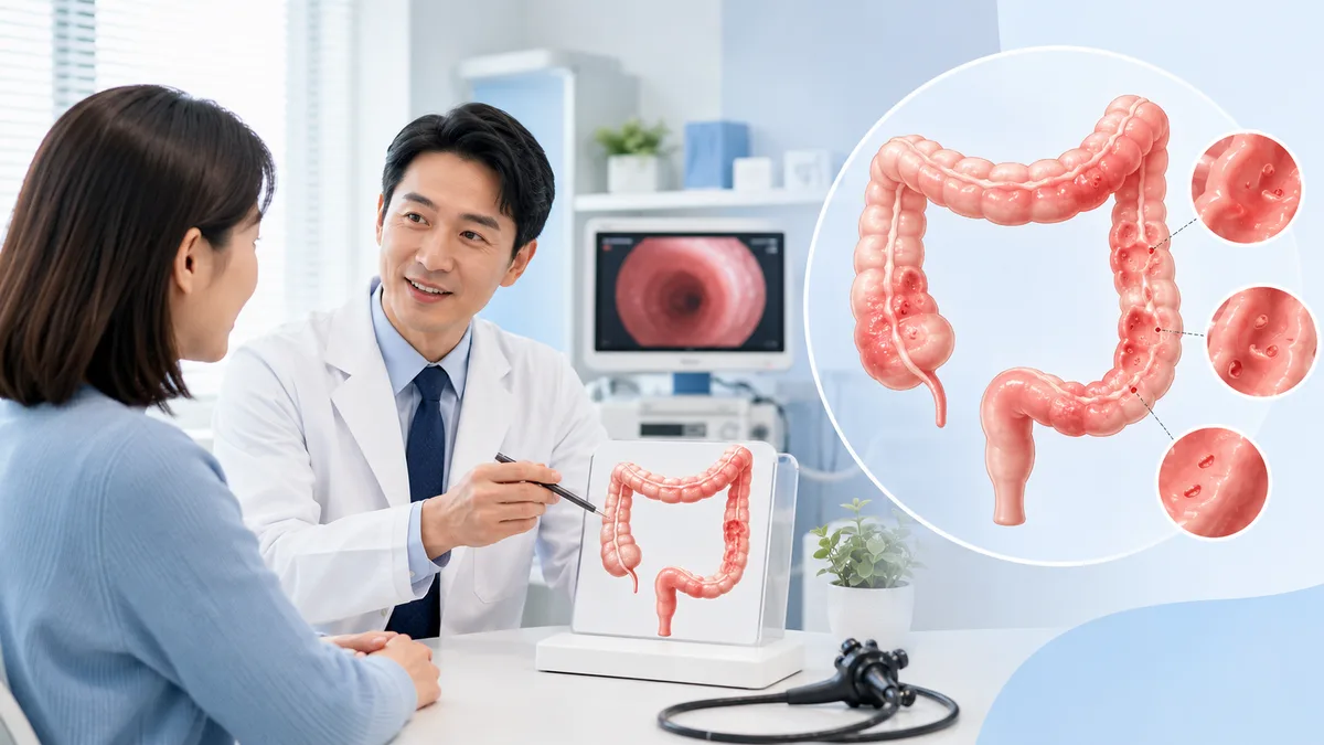 醫師向病人說明大腸發炎與潰瘍，桌上有大腸模型與大腸鏡，並以示意圖呈現大腸黏膜病變