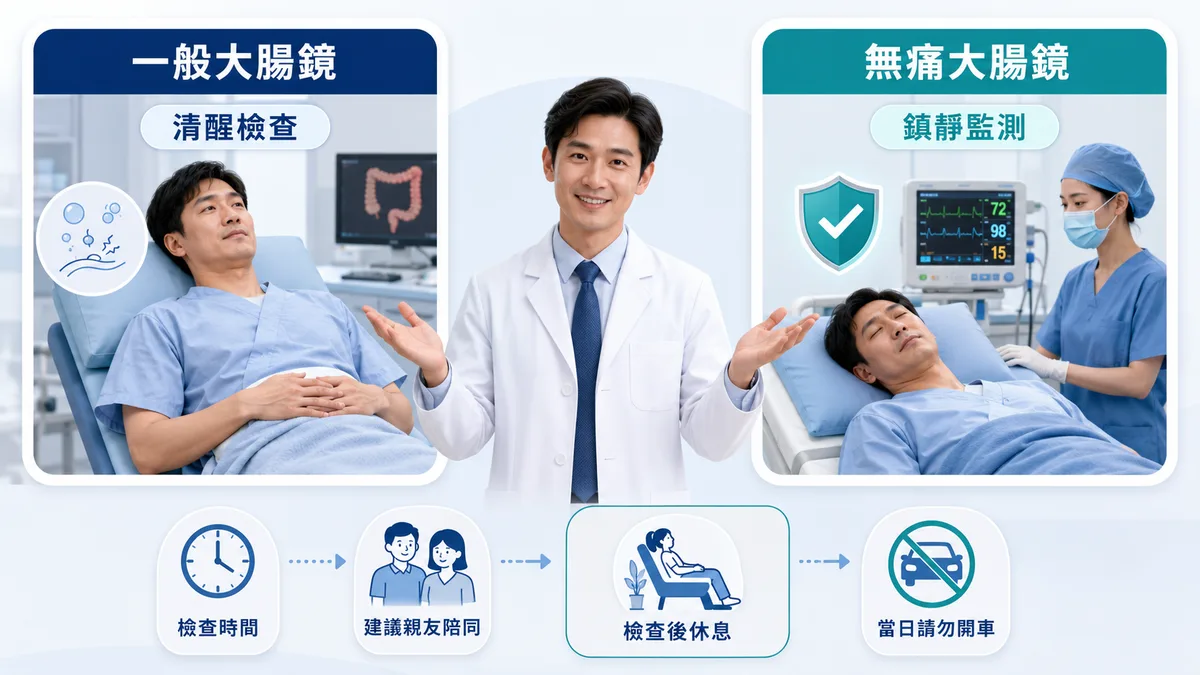 一般大腸鏡與無痛（鎮靜麻醉）大腸鏡比較示意：一般檢查保持清醒、可能脹悶，無痛在麻醉醫師監測下睡一覺完成