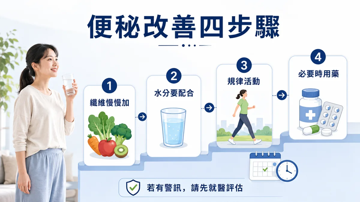 便秘用藥調整順序示意圖：先從膨脹型、滲透型瀉劑開始，再依狀況考慮刺激型或處方促動、分泌藥物