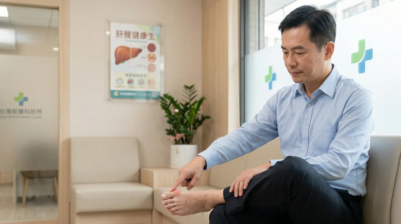 痛風衛教：患者在診所按壓腳趾關節