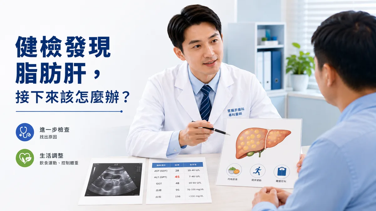 脂肪肝衛教主視覺：醫師說明健檢發現脂肪肝後的追蹤與改善方向