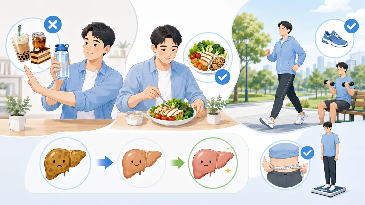 脂肪肝生活型態調整圖示：穩定減重、規律運動、減少含糖飲料與過量精製澱粉