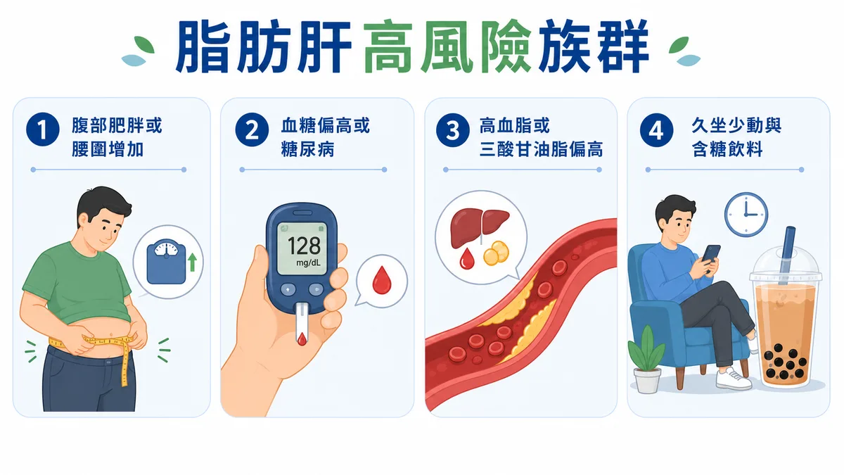 脂肪肝高風險族群圖示：肥胖、腰圍變粗、糖尿病或糖尿病前期、高血脂與久坐少動