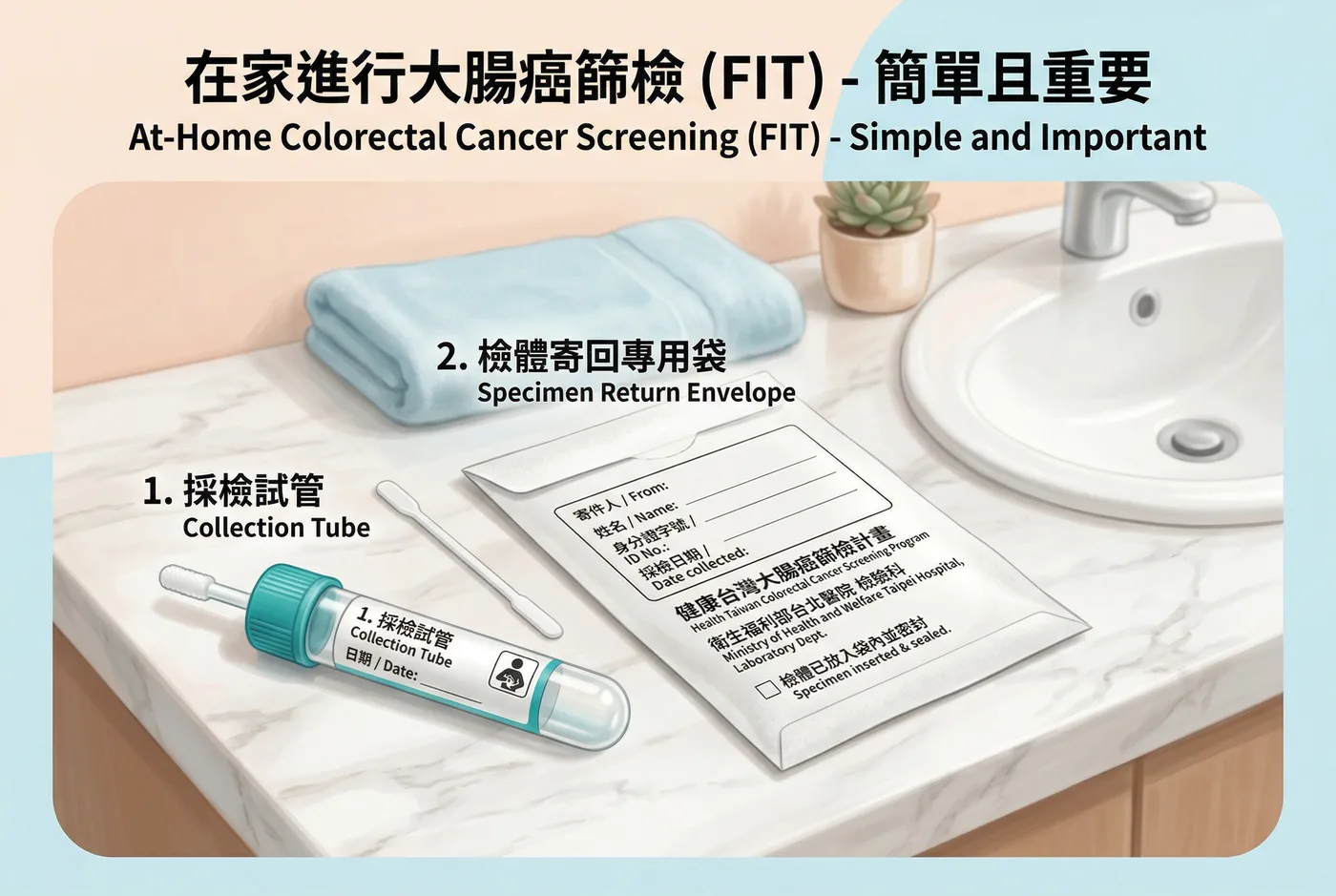 糞便潛血檢查（FIT）採樣流程說明圖，顯示居家採便步驟