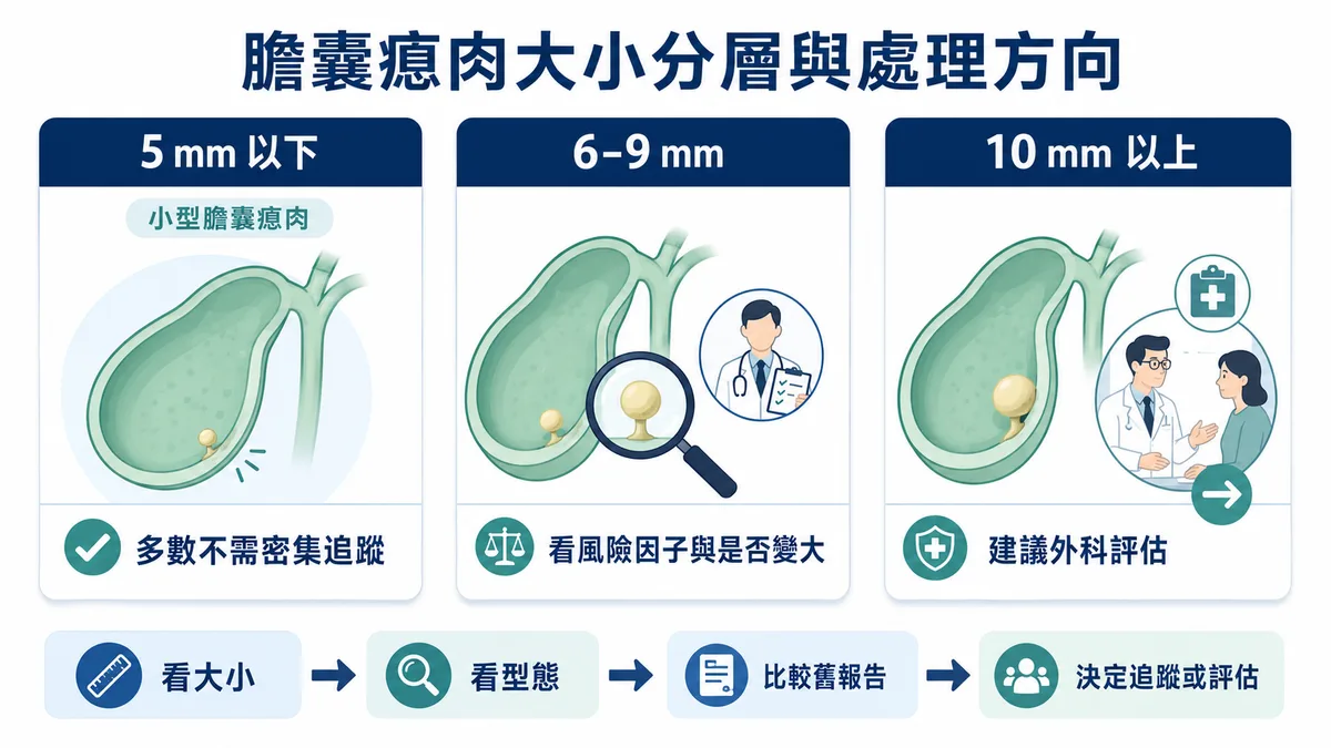 圖解膽囊瘜肉大小分界與風險因子:5mm 以下、6–9mm、10mm 以上