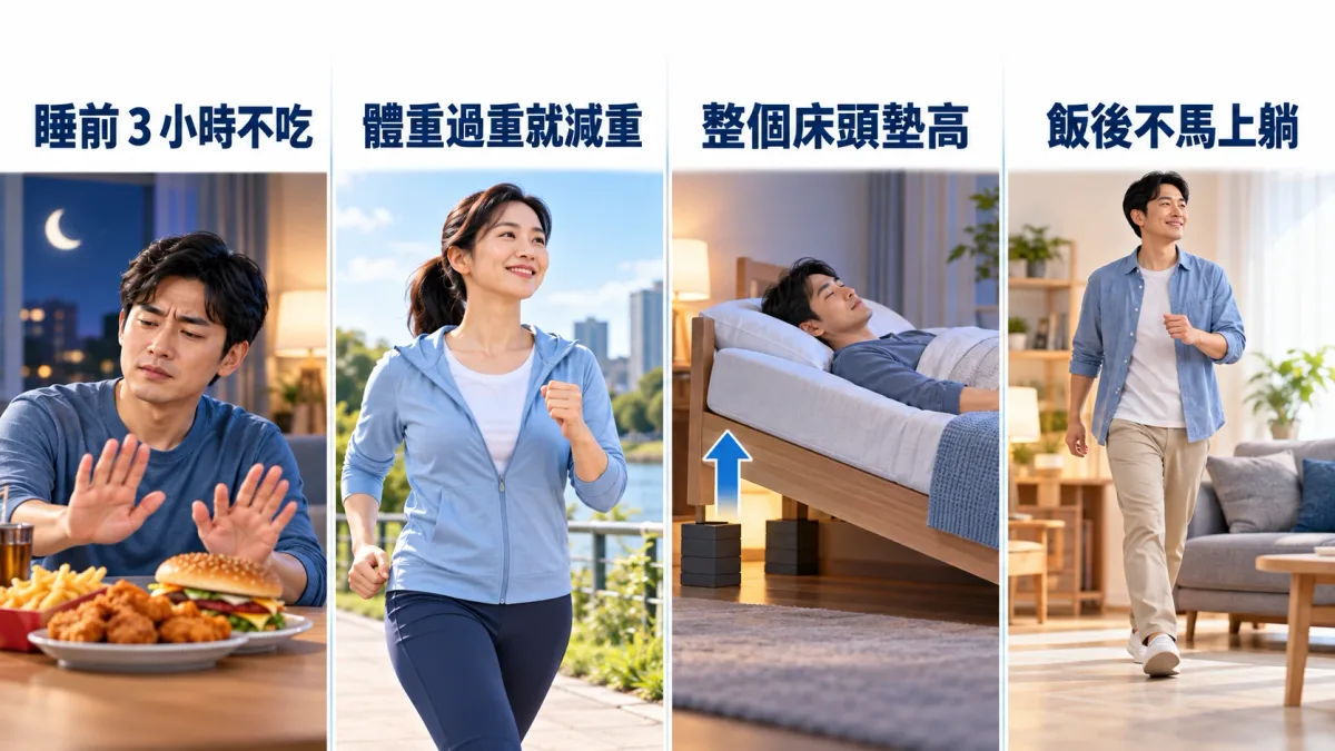 改善胃食道逆流的四個生活調整：睡前 3 小時不吃宵夜、體重過重就減重、整個床頭墊高、飯後不馬上躺下