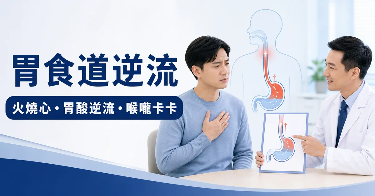 腸胃科醫師向病人解說胃食道逆流，示意火燒心、胃酸逆流、喉嚨卡卡