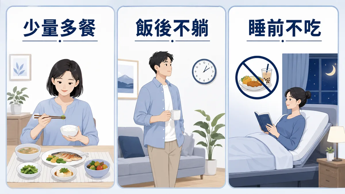 改善胃食道逆流的生活習慣：少量多餐、飯後不躺、睡前不吃