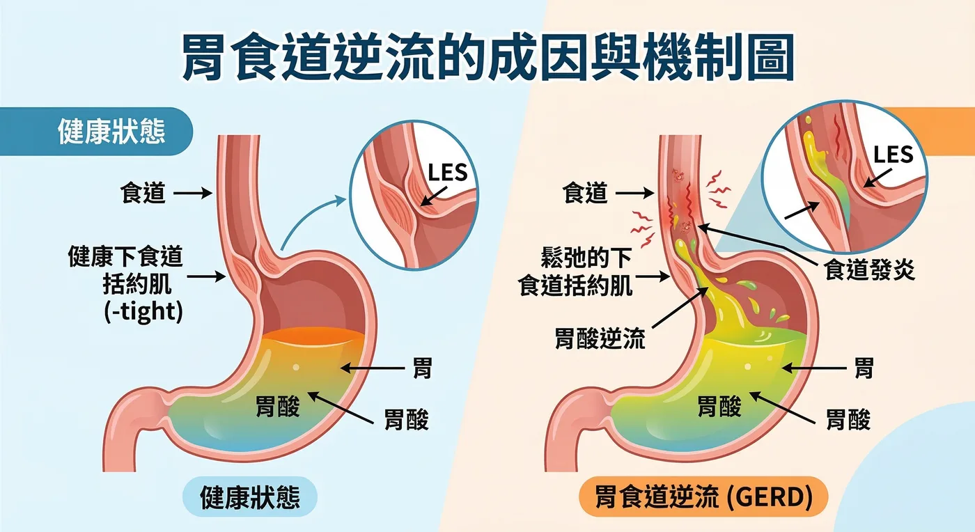 胃食道逆流的成因與機制示意圖