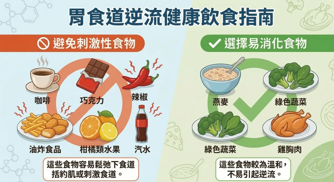 胃食道逆流飲食建議與避免食物示意圖