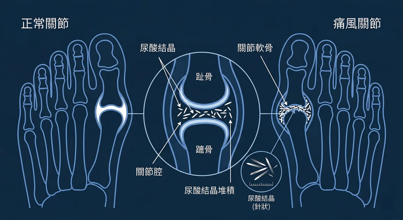 正常關節與痛風關節對照圖：顯示尿酸結晶在關節腔內堆積的過程