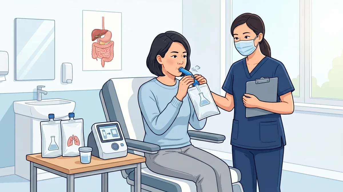 病患在診間進行碳13尿素呼氣試驗（幽門桿菌吹氣測試），護理師在旁協助收集氣體樣本