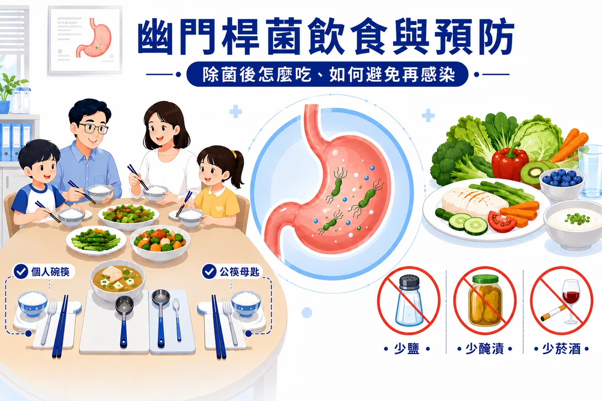 幽門螺旋桿菌飲食與預防示意圖：家庭使用公筷母匙共食、均衡蔬果，少鹽少醃漬少菸酒