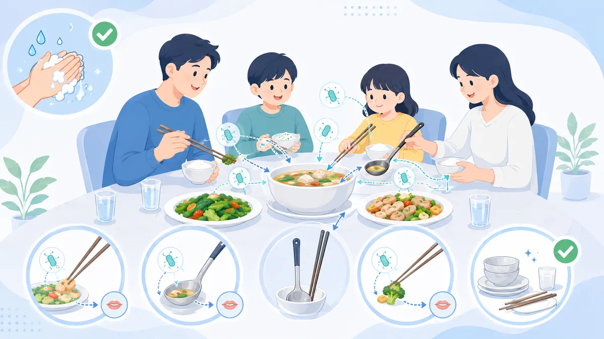幽門螺旋桿菌家庭傳染與預防示意圖：一家人共食時使用公筷母匙夾菜、飯前確實洗手，降低口到口與糞到口的傳染風險