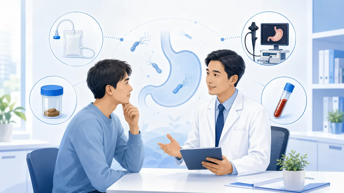 醫師與病人討論幽門桿菌檢查方式，環繞吹氣、糞便、胃鏡與抽血四種檢測方法示意