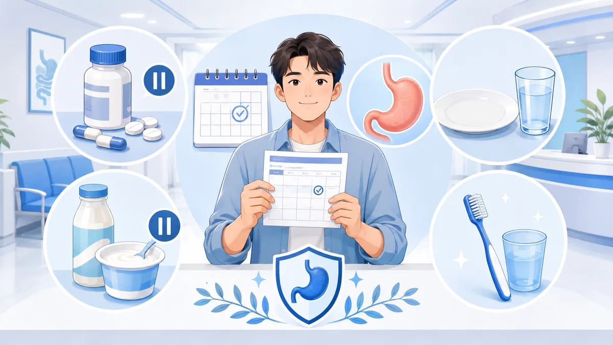 幽門螺旋桿菌檢查前準備示意圖：檢查前停用強效胃藥與抗生素、檢查前三天停益生菌與優酪乳、當天空腹、在家先刷牙漱口