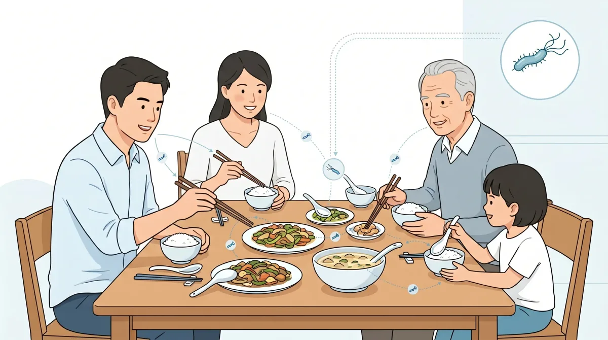 家庭共食時幽門螺旋桿菌透過共用筷碗在成員之間傳播的示意圖