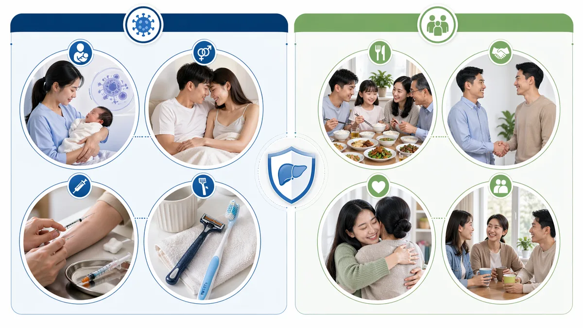 B型肝炎傳染途徑情境圖，說明母嬰傳染、性接觸、共用針具等高風險途徑，對比一般日常接觸的低傳染風險