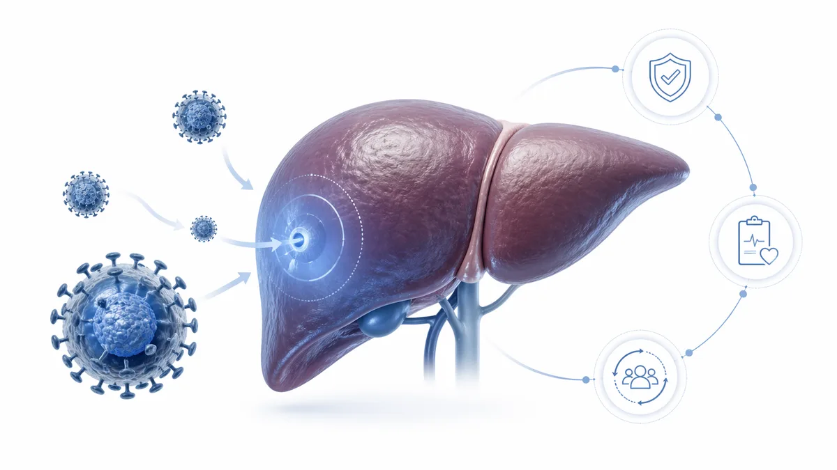 B型肝炎病毒（HBV）感染肝臟示意圖，說明病毒如何長期潛伏並造成肝細胞損傷