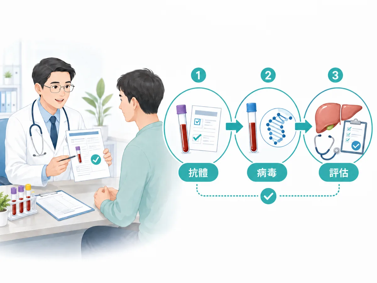 C肝檢查流程圖：先驗抗體 anti-HCV，陽性再驗 HCV RNA，確認體內目前是否仍有病毒