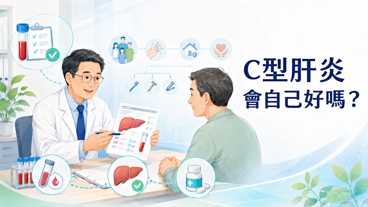 C型肝炎衛教主視覺：醫師說明 C 肝的傳染、檢查與口服新藥治療