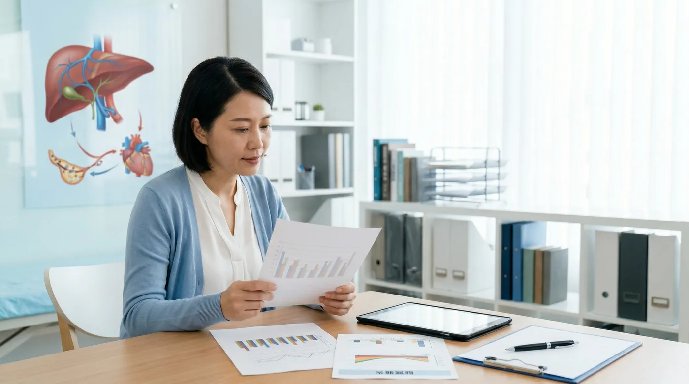 高血脂衛教封面圖：健檢報告、膽固醇與肝臟健康概念