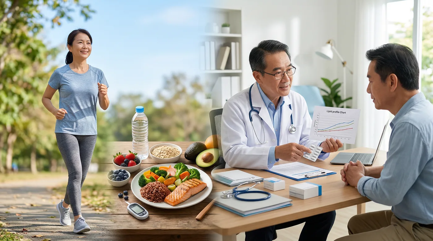 高血脂治療包含飲食運動調整，以及必要時使用降血脂藥物