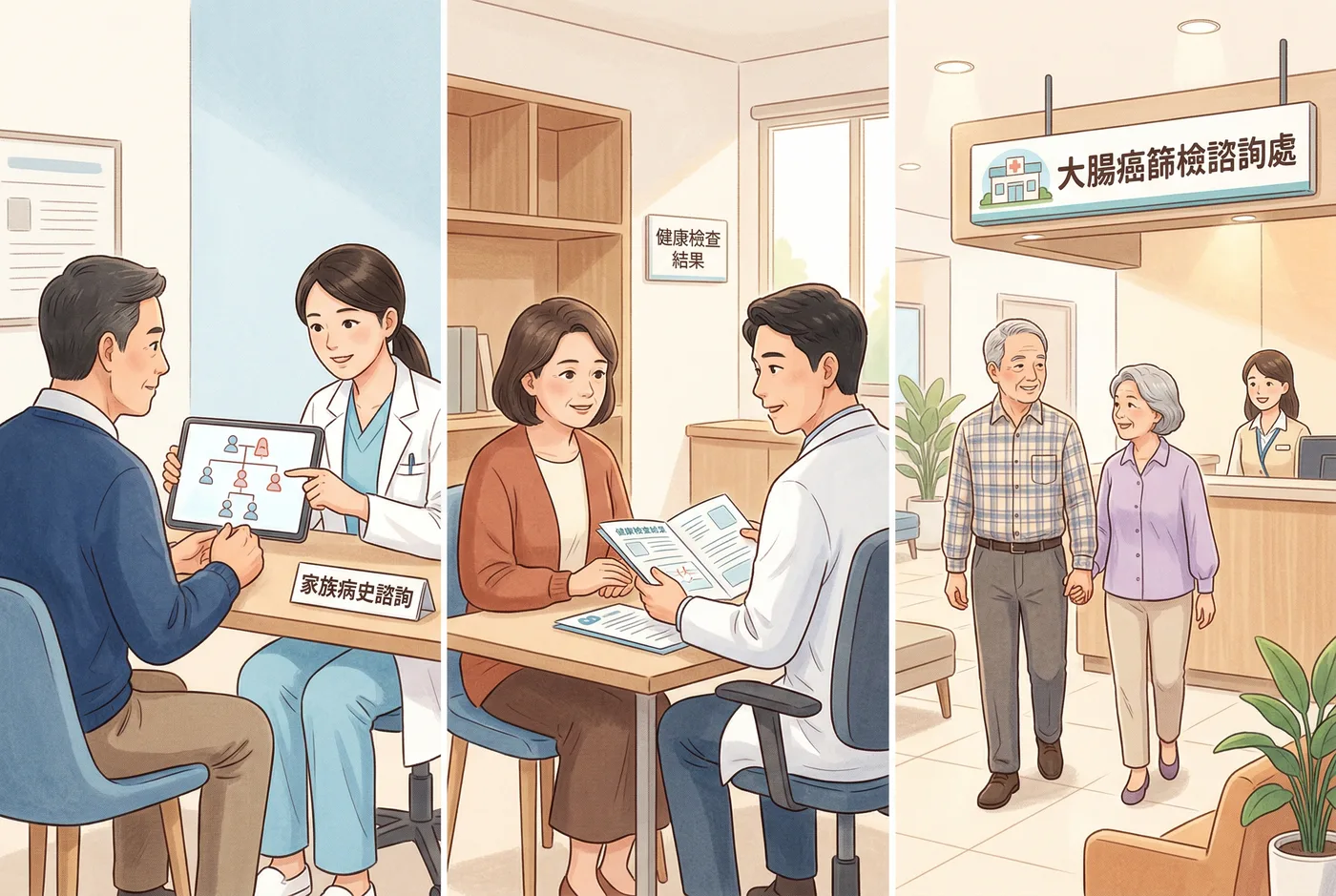 大腸癌高風險族群說明圖：家族史、息肉病史、腸道症狀等情況建議直接安排大腸鏡