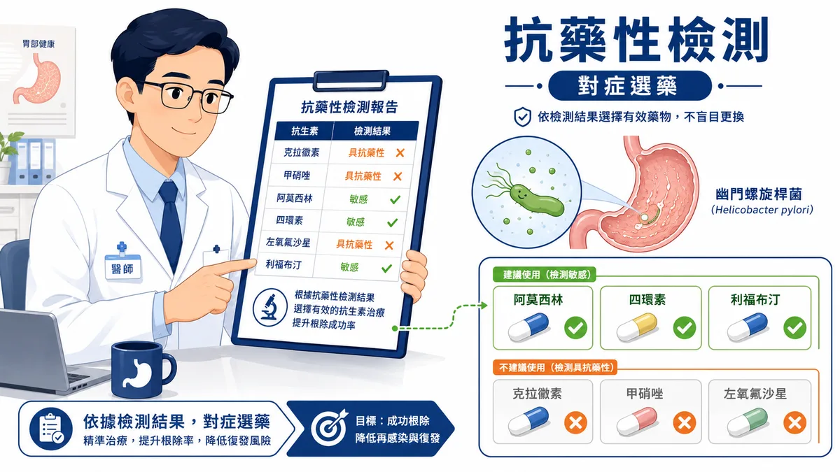 幽門螺旋桿菌抗藥性檢測對症選藥示意圖：透過細菌培養或分子檢測判斷對哪些抗生素有效、對哪些已抗藥，再依結果挑選有效藥物提高第三線成功率