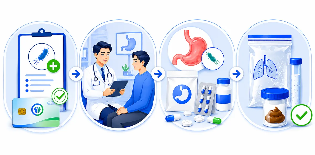 幽門螺旋桿菌篩檢陽性後的處理流程示意圖：帶報告與健保卡掛胃腸肝膽科、醫師評估、開始除菌治療、停藥滿四週後回診複檢