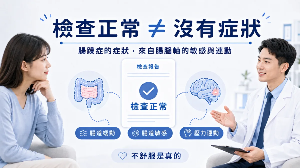 腸腦軸示意圖：壓力與情緒透過神經影響腸道蠕動與敏感度，說明腸躁症為什麼檢查正常卻仍腹痛腹瀉
