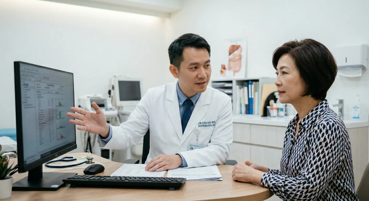 腸胃科醫師向患者說明缺鐵性貧血抽血報告，評估是否需要進一步胃鏡或大腸鏡檢查