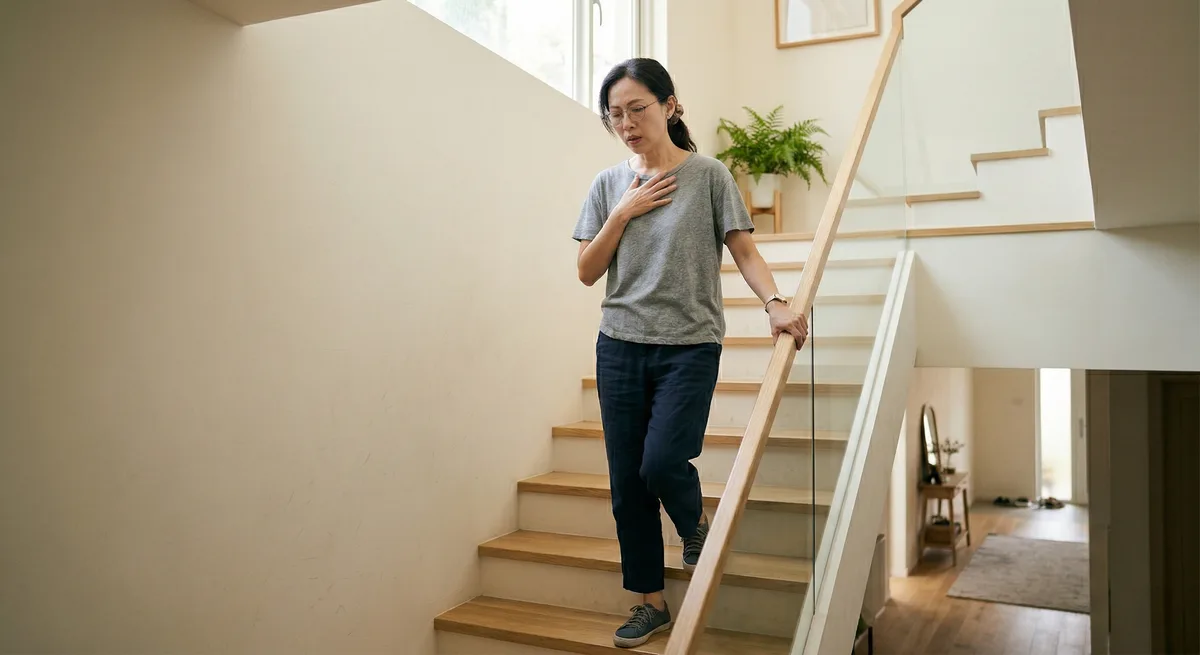 缺鐵性貧血症狀：女性下樓梯時感到心悸與喘不過氣，手扶胸口
