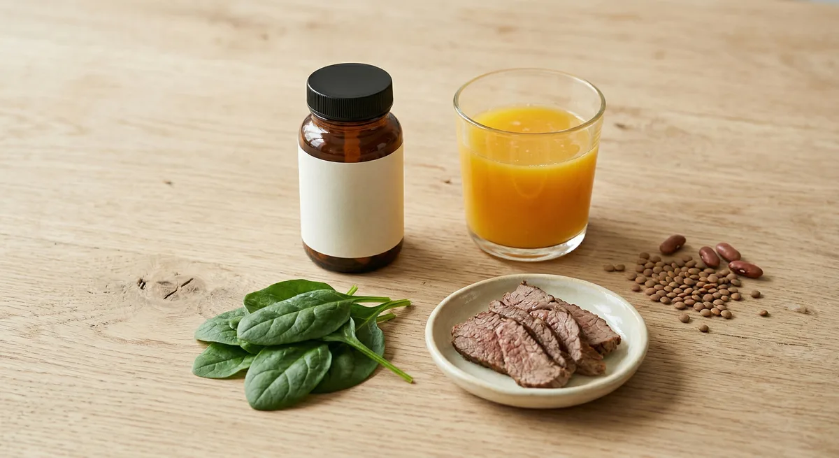 缺鐵性貧血補鐵方式：鐵劑藥瓶、菠菜、紅肉與維生素C果汁一同補鐵助吸收