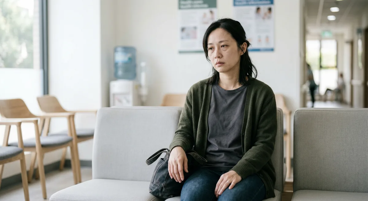 缺鐵性貧血患者在診所候診室等待就醫，面容疲憊、臉色蒼白