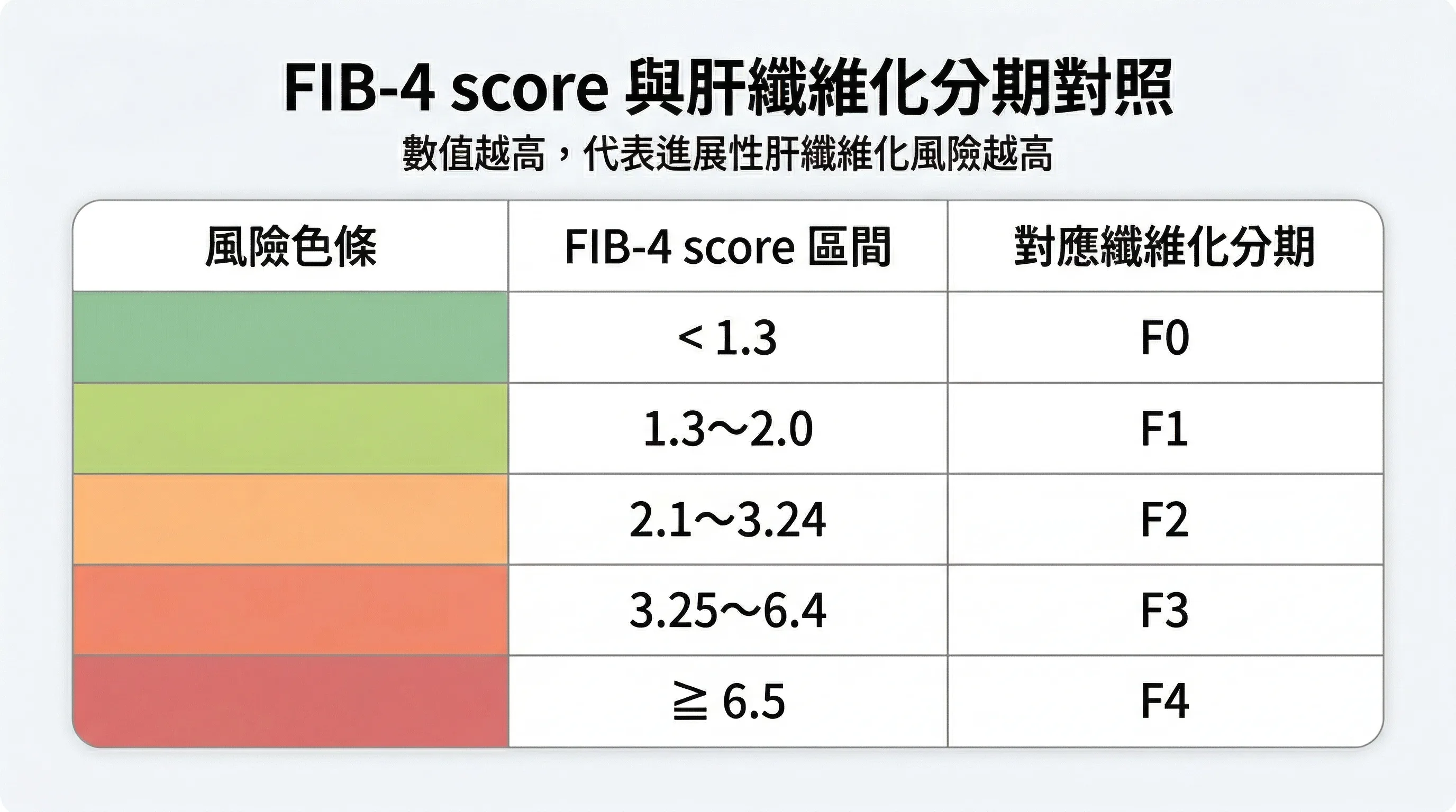 FIB-4 分數對照肝纖維化風險分級：低風險、灰色地帶與高風險的判讀說明