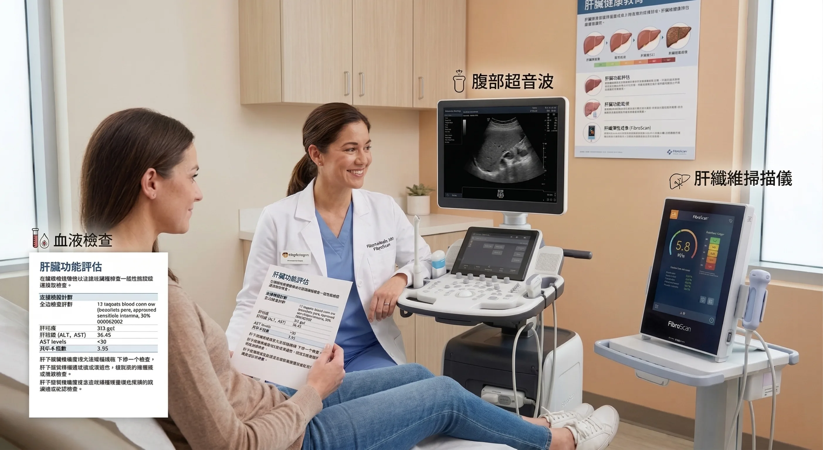 肝纖維化常見檢查方式：抽血檢驗、腹部超音波與肝臟彈性掃描流程示意