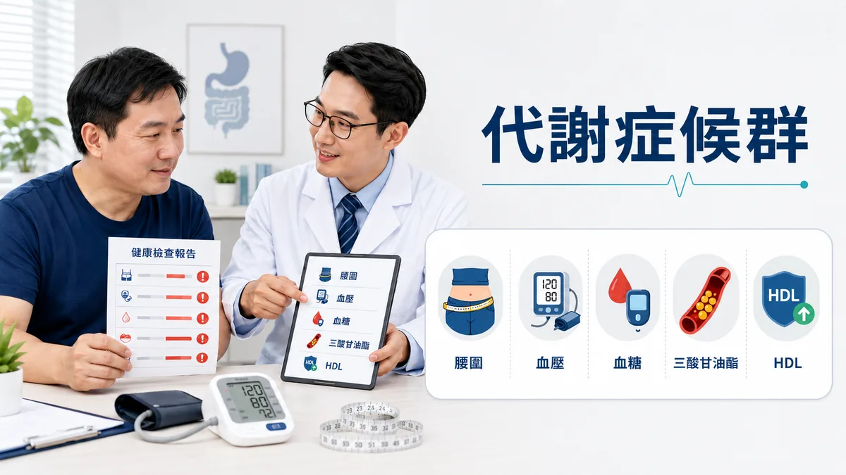 代謝症候群文章封面：腰圍、血壓、血糖、三酸甘油酯與好膽固醇五大指標
