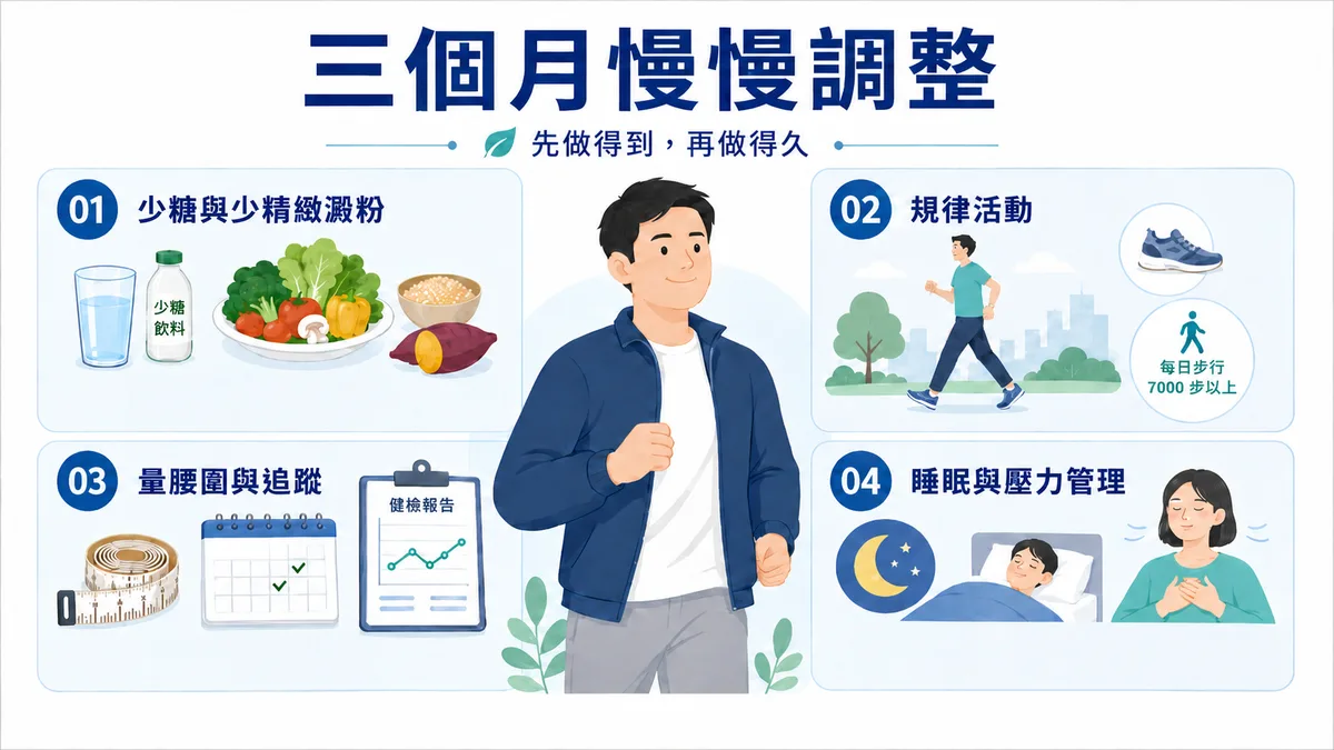 代謝症候群生活調整重點：少糖少精緻澱粉、每週150分鐘活動、規律量腰圍、戒菸減酒、顧好睡眠與壓力