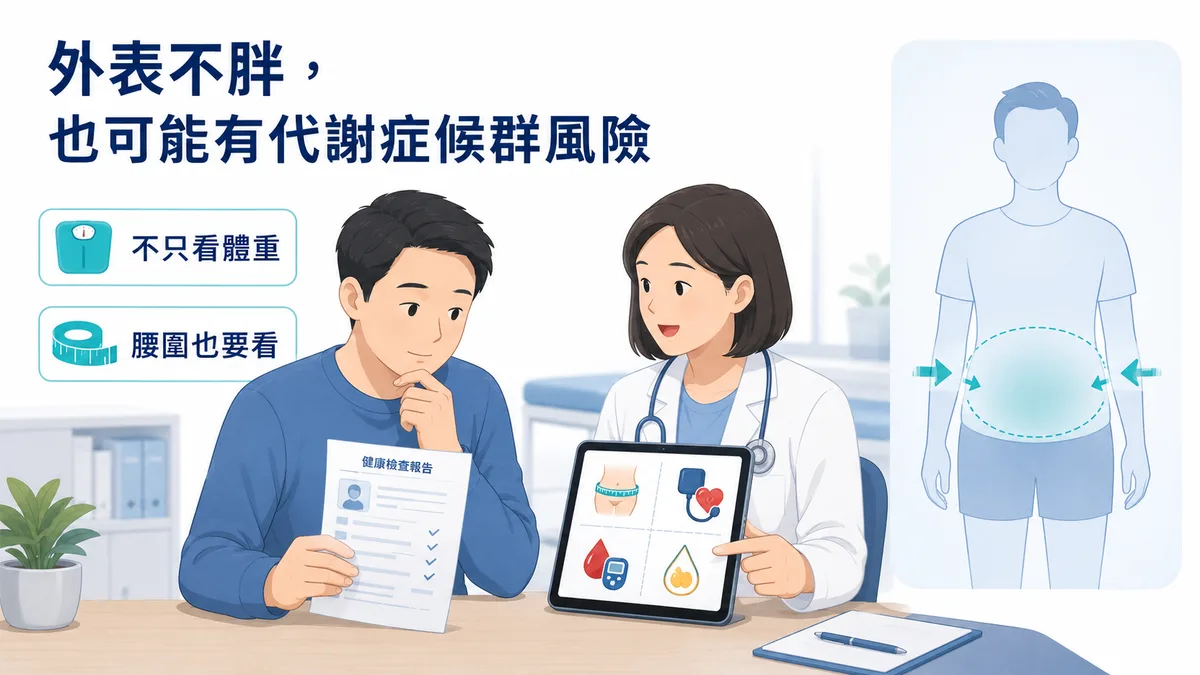 代謝症候群不是只有胖才要注意：腰圍、血壓、血糖、血脂等代謝指標一起亮黃燈的概念圖