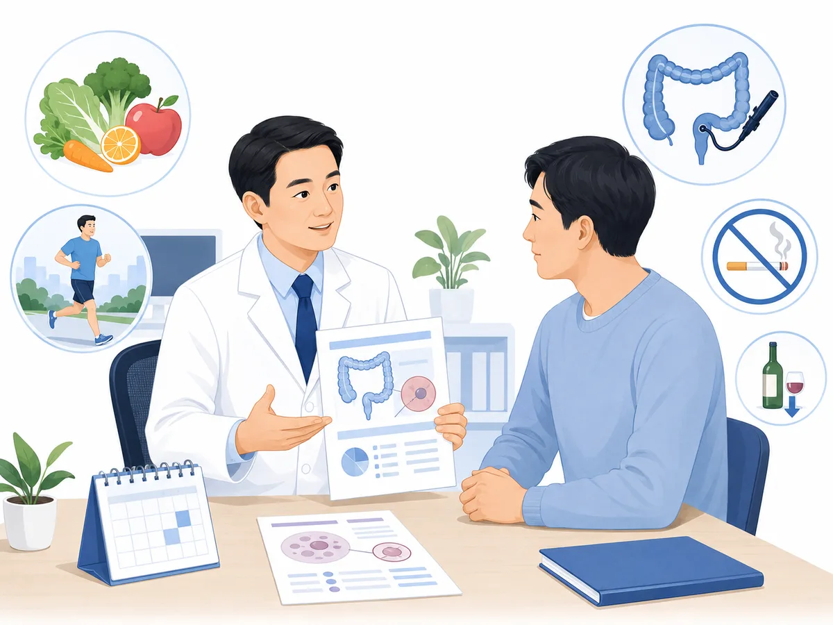 切除瘜肉後的生活調整示意：多吃蔬果全穀、減少紅肉與加工肉品、規律運動、戒菸節酒，並按時回診追蹤