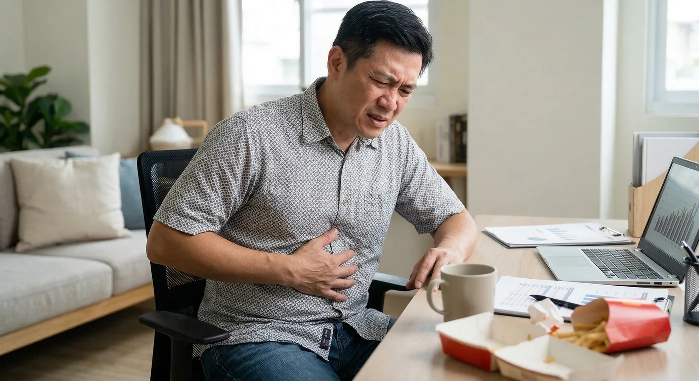 胃痛常見原因：胃炎、胃潰瘍、胃食道逆流、幽門螺旋桿菌感染示意圖