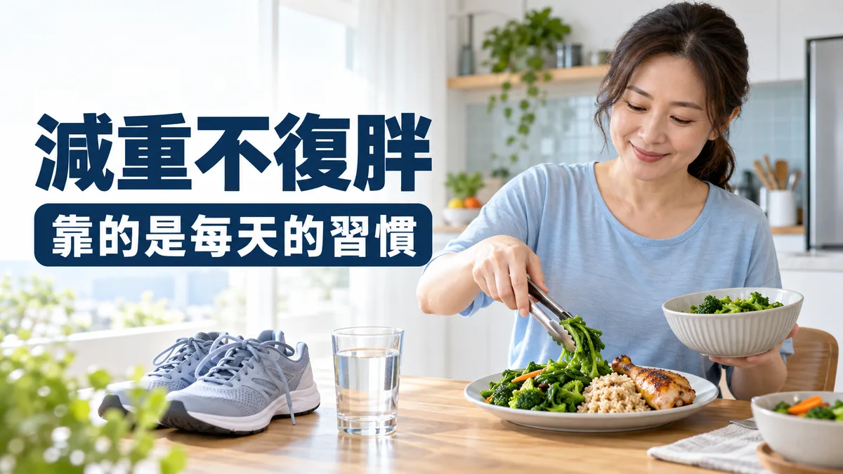 中年女性在明亮的廚房把燙青菜、糙米飯和烤雞腿盛到盤子上，桌邊放著運動鞋和一杯白開水