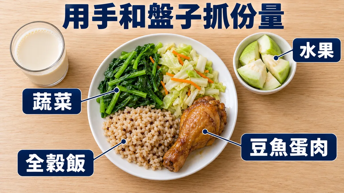 一份減重時的家常餐：約半盤燙青菜和炒高麗菜、四分之一盤全穀飯、一支滷雞腿，旁邊一碗芭樂和一杯無糖豆漿