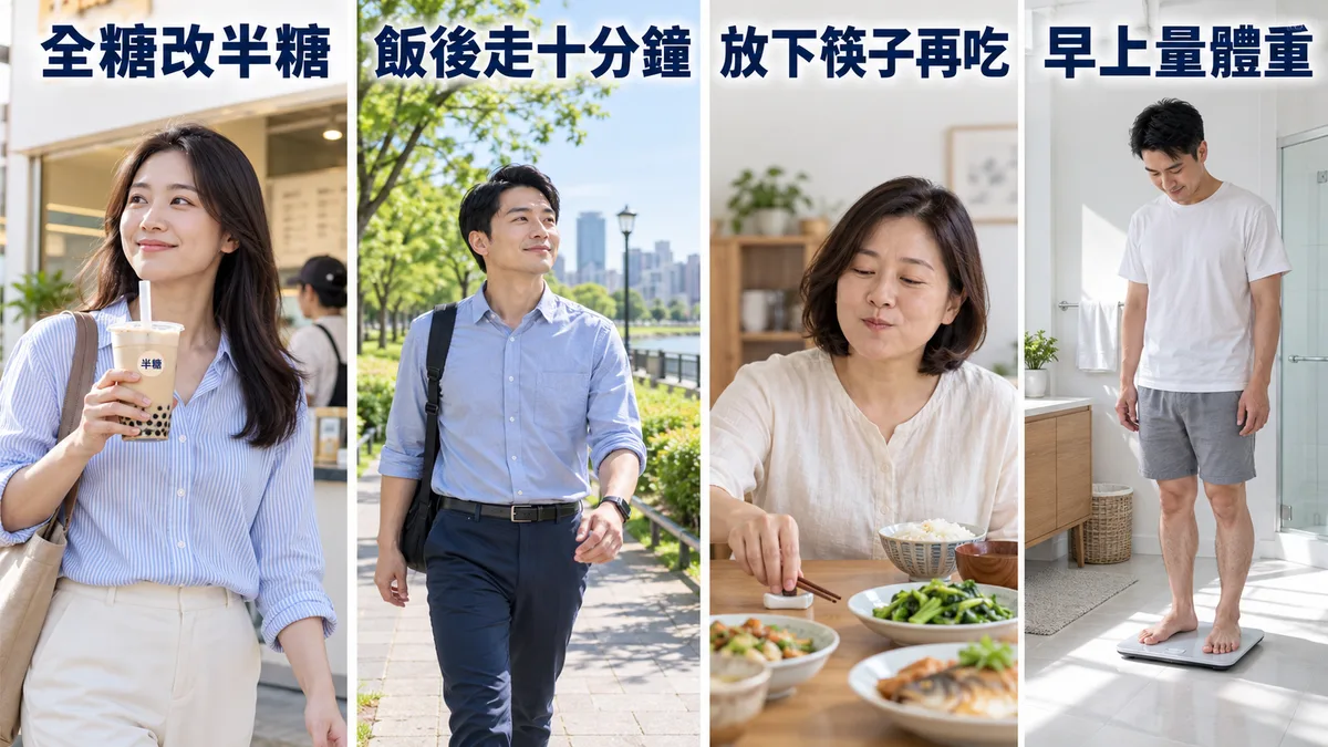 四個容易做到的小習慣：手搖飲從全糖改成半糖、午餐後散步十分鐘、吃飯時放下筷子再吃下一口、早上起床量體重